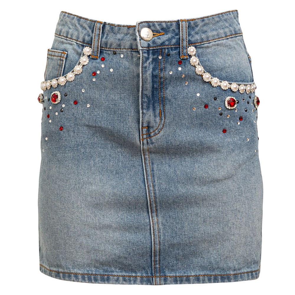 ΦΟΥΣΤΑ ΜΙΝΙ ΑΠΟ ΑΝΟΙΧΤΟΧΡΩΜΟ ΜΠΛΕ ΤΖΗΝ ΜΕ ΠΟΛΥΧΡΩΜΑ ΚΡΥΣΤΑΛΛΑ ΚΑΙ ΠΕΡΛΕΣ "STYLISHIOUS COLLECTION"