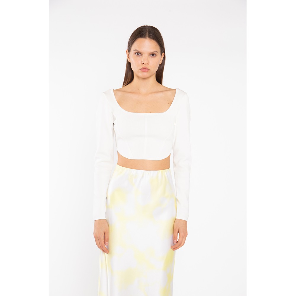 TOP - CORSET STYLE - CROPPED, IN OFF-WHITE STRETCH KNIT WITH LONG-SLEEVES "STYLISHIOUS COLLECTION"