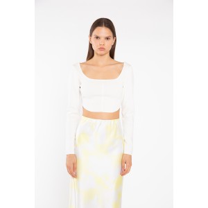 TOP - CORSET STYLE - CROPPED, IN OFF-WHITE STRETCH KNIT WITH LONG-SLEEVES "STYLISHIOUS COLLECTION"