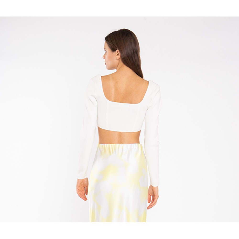 TOP - CORSET STYLE - CROPPED, IN OFF-WHITE STRETCH KNIT WITH LONG-SLEEVES "STYLISHIOUS COLLECTION"