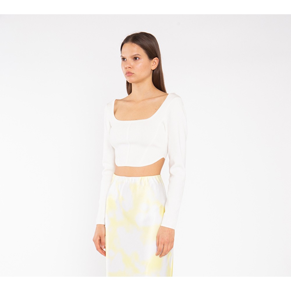 TOP - CORSET STYLE - CROPPED, IN OFF-WHITE STRETCH KNIT WITH LONG-SLEEVES "STYLISHIOUS COLLECTION"