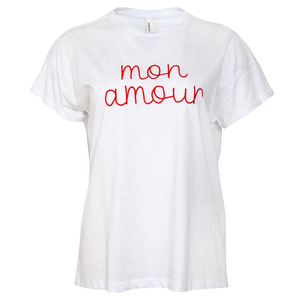 T-SHIRT ΛΕΥΚΟ, ΜΑΚΡΥ ME ΚΟΚΚΙΝO KENTHMA "MON AMOUR"  "STYLISHIOUS COLLECTION"