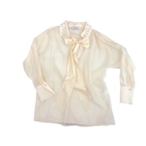 BLOUSE IN IVORY SHADE SHEER FABRIC WITH PUSSY BOW & CRYSTALS ON COLLAR  "STYLISHIOUS COLLECTION"