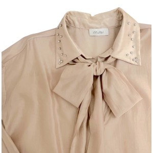 BLOUSE IN BEIGE - SAND SHADE SHEER FABRIC WITH PUSSY BOW & CRYSTALS ON COLLAR "STYLISHIOUS COLLECTION"