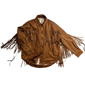 JACKET - OVERSHIRT IN BROWN, SUEDE STYLE FABRIC, OVERSIZED WITH LONG, MATCHING FRINGES ”STYLISHIOUS COLLECTION”