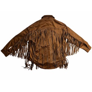 JACKET - OVERSHIRT IN BROWN, SUEDE STYLE FABRIC, OVERSIZED WITH LONG, MATCHING FRINGES ”STYLISHIOUS COLLECTION”
