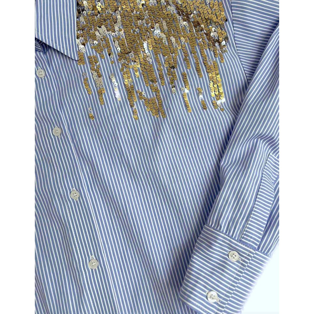 ΠΟΥΚΑΜΙΣO ΡΙΓΕ ΓΑΛΑΖΙΟ - ΛΕΥΚΟ , OVERSIZED ΜΕ ΧΡΥΣΕΣ ΠΑΓΙΕΤΕΣ "STYLISHIOUS COLLECTION" 