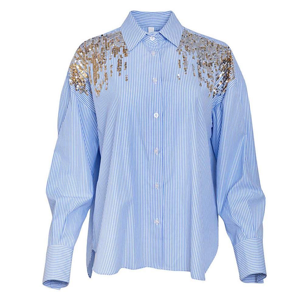 ΠΟΥΚΑΜΙΣO ΡΙΓΕ ΓΑΛΑΖΙΟ - ΛΕΥΚΟ , OVERSIZED ΜΕ ΧΡΥΣΕΣ ΠΑΓΙΕΤΕΣ "STYLISHIOUS COLLECTION" 