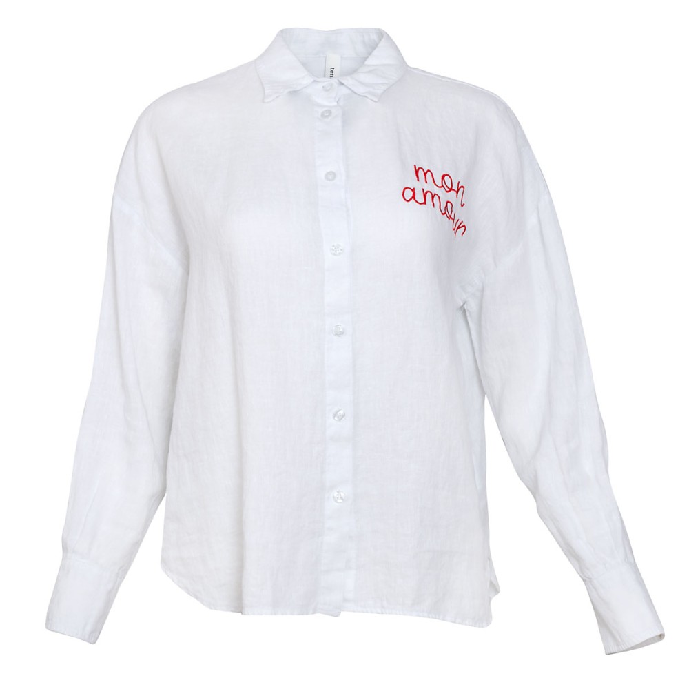 ΠΟΥΚΑΜΙΣO ΛΕΥΚΟ ΛΙΝΟ ΣΕ ΧΑΛΑΡΗ ΑΝΔΡΙΚΗ ΓΡΑΜΜΗ ΜΕ ΚΟΚΚΙΝΟ ΚΕΝΤΗΜΑ " MON AMOUR"  "STYLISHIOUS COLLECTION" 