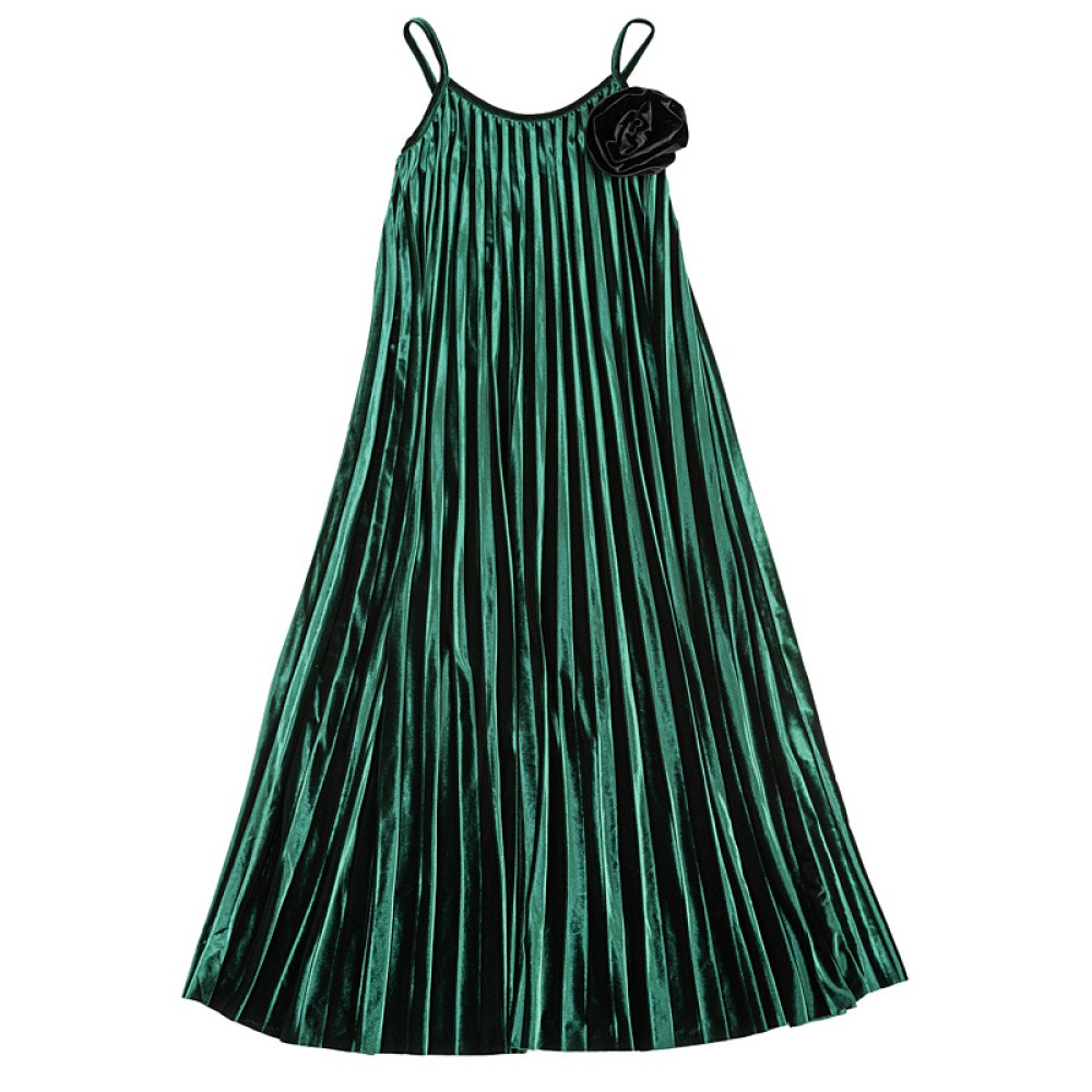 DRESS IN FOREST GREEN PLEATED VELVET WITH BLACK FLOWER PIN ''STYLISHIOUS COLLECTION''