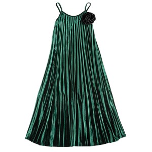 DRESS IN FOREST GREEN PLEATED VELVET WITH BLACK FLOWER PIN ''STYLISHIOUS COLLECTION''