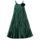 DRESS IN FOREST GREEN PLEATED VELVET WITH BLACK FLOWER PIN ''STYLISHIOUS COLLECTION''
