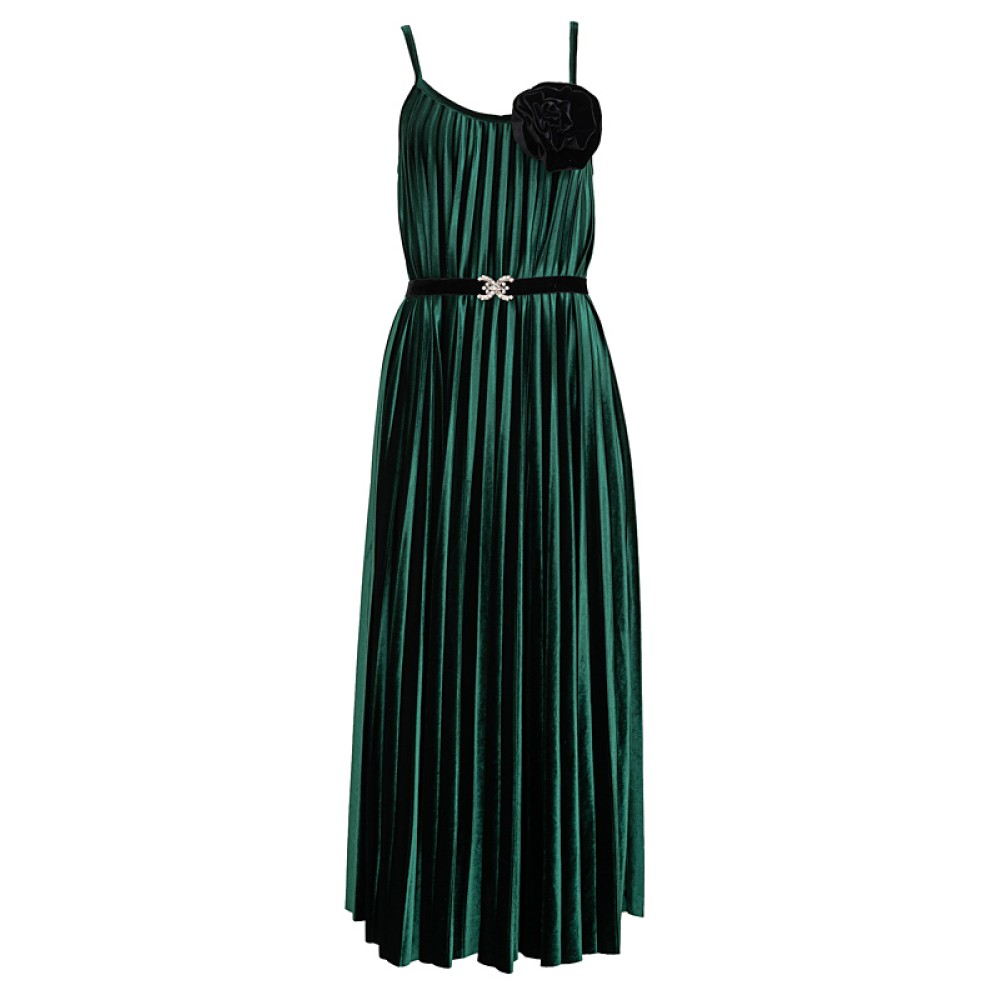 DRESS IN FOREST GREEN PLEATED VELVET WITH BLACK FLOWER PIN ''STYLISHIOUS COLLECTION''