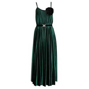 DRESS IN FOREST GREEN PLEATED VELVET WITH BLACK FLOWER PIN ''STYLISHIOUS COLLECTION''
