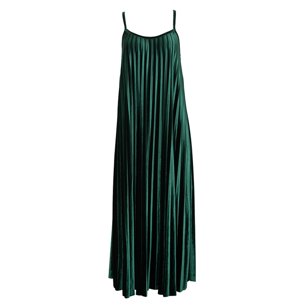 DRESS IN FOREST GREEN PLEATED VELVET WITH BLACK FLOWER PIN ''STYLISHIOUS COLLECTION''