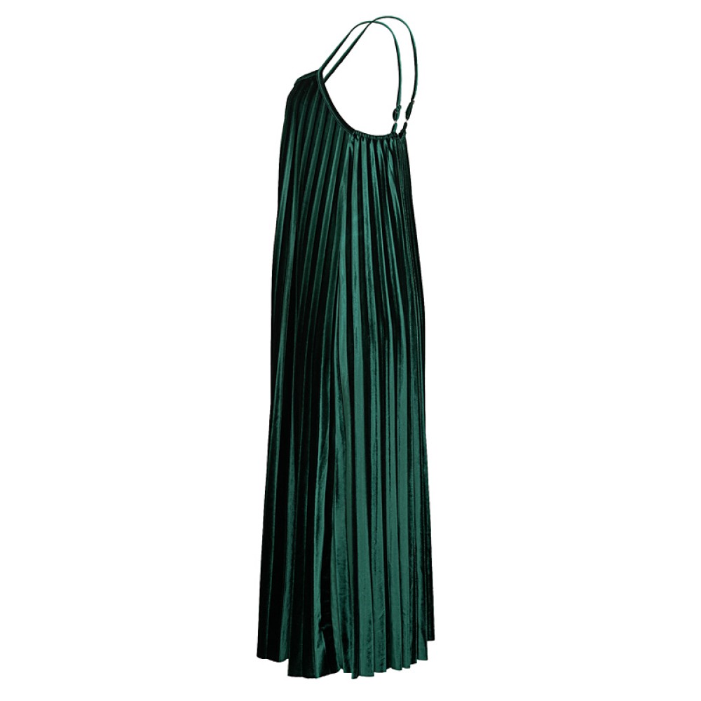 DRESS IN FOREST GREEN PLEATED VELVET WITH BLACK FLOWER PIN ''STYLISHIOUS COLLECTION''