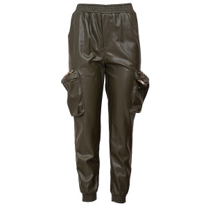 PANTS IN KHAKI, ECO LEATHER IN CARGO STYLE WITH EXTERIOR POCKETS & STUDS "STYLISHIOUS COLLECTION"