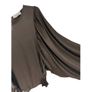 BLOUSE IN DARK -CHOCOLATE- BROWN SATIN FABRIC WITH PLEATED -BAT STYLE- SLEEVES  "STYLISHIOUS COLLECTION"