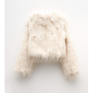 JACKET CROPPED IN OFF WHITE ECO FUR, EXTRA SOFT & FLUFFY WITH COLLAR & POCKETS "STYLISHIOUS COLLECTION"