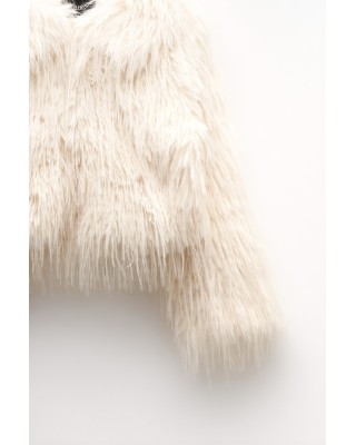JACKET CROPPED IN OFF WHITE ECO FUR, EXTRA SOFT & FLUFFY WITH COLLAR & POCKETS "STYLISHIOUS COLLECTION"
