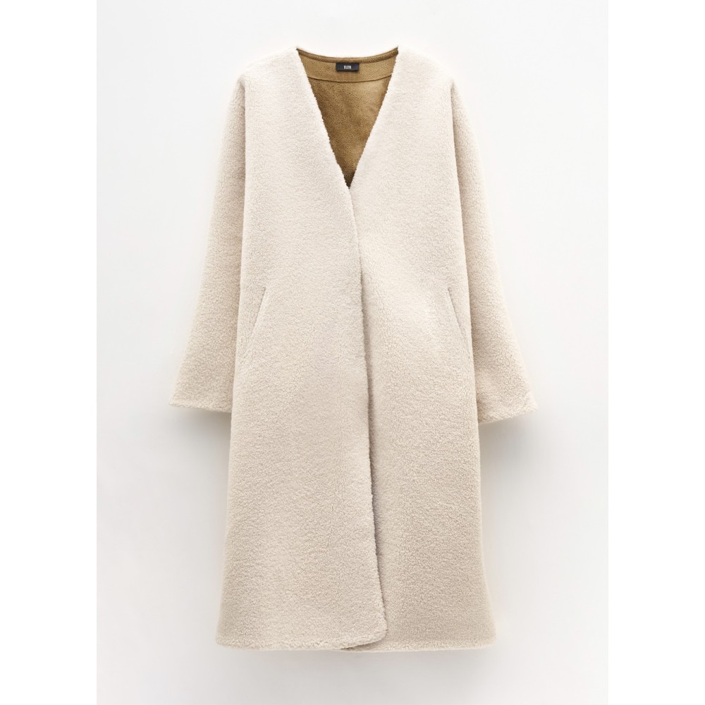 ΠΑΛΤΟ ΑΠΟ ΟΙΚΟΛΟΓΙΚΗ ΓΟΥΝΑ ΤΥΠΟΥ ΠΡΟΒΑΤΟ, OVERSIZED, ΜΕ ΝΤΕΚΟΛΤΕ & ΚΟΥΜΠΙΑ & ΚΑΦΕ ΤΥΠΟΔΕΡΜΑ ΕΣΩΤΕΡΙΚΑ "STYLISHIOUS COLLECTION"