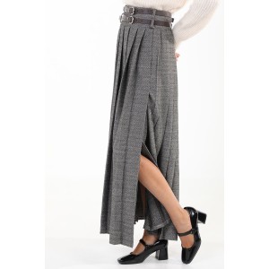 SKIRT IN GREY FISHBONE WOOL FABRIC AT ANKLE LENGTH, PLEATED WITH SLIT & TWO BROWN BELTS "STYLISHIOUS COLLECTION"
