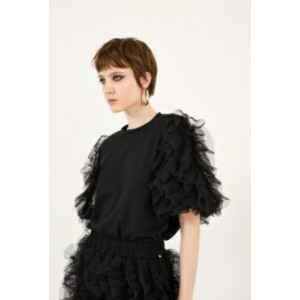 ΜΠΛΟΥΖΑ ΣΕ ΜΑΥΡΗ ΑΠΟΧΡΩΣΗ ΜΕ ΚΟΝΤΟ ΜΑΝΙΚΙ ΑΠΟ ΤΟΥΛΙ ΜΕ ΒΟΛΑΝ, ΒΑΜΒΑΚΕΡΟ ΥΦΑΣΜΑ" STYLISHIOUS COLLECTION