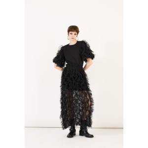 BLOUSE IN BLACK COTTON WITH RUFFLED TULLE SLEEVES & SHOULDER PADS 'STYLISHIOUS COLLECTION'