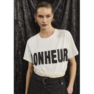 ΜΠΛΟΥΖΑ ΛΕΥΚH, OVERSIZED ΓΡΑΜΜΗ ΜΕ ΛΟΓΟΤΥΠΟ ''BONHEUR'' - 'STYLISHIOUS COLLECTION'