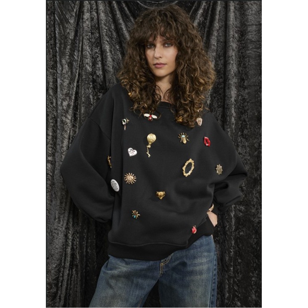 BLOUSE - SWEATSHIRT, OVERSIZED IN BLACK WITH REMOVABLE, METALLIC PINS "STYLISHIOUS COLLECTION"
