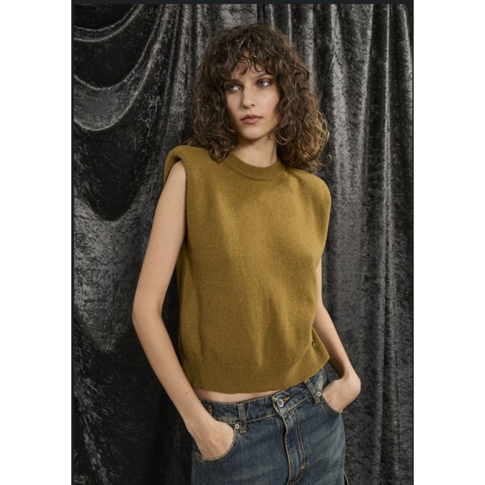 BLOUSE IN OLIVE GREEN FINE KNIT, SLEEVELESS WITH SHOULDER PADS  ”STYLISHIOUS COLLECTION”
