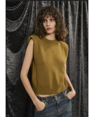 BLOUSE IN OLIVE GREEN FINE KNIT, SLEEVELESS WITH SHOULDER PADS  ”STYLISHIOUS COLLECTION”
