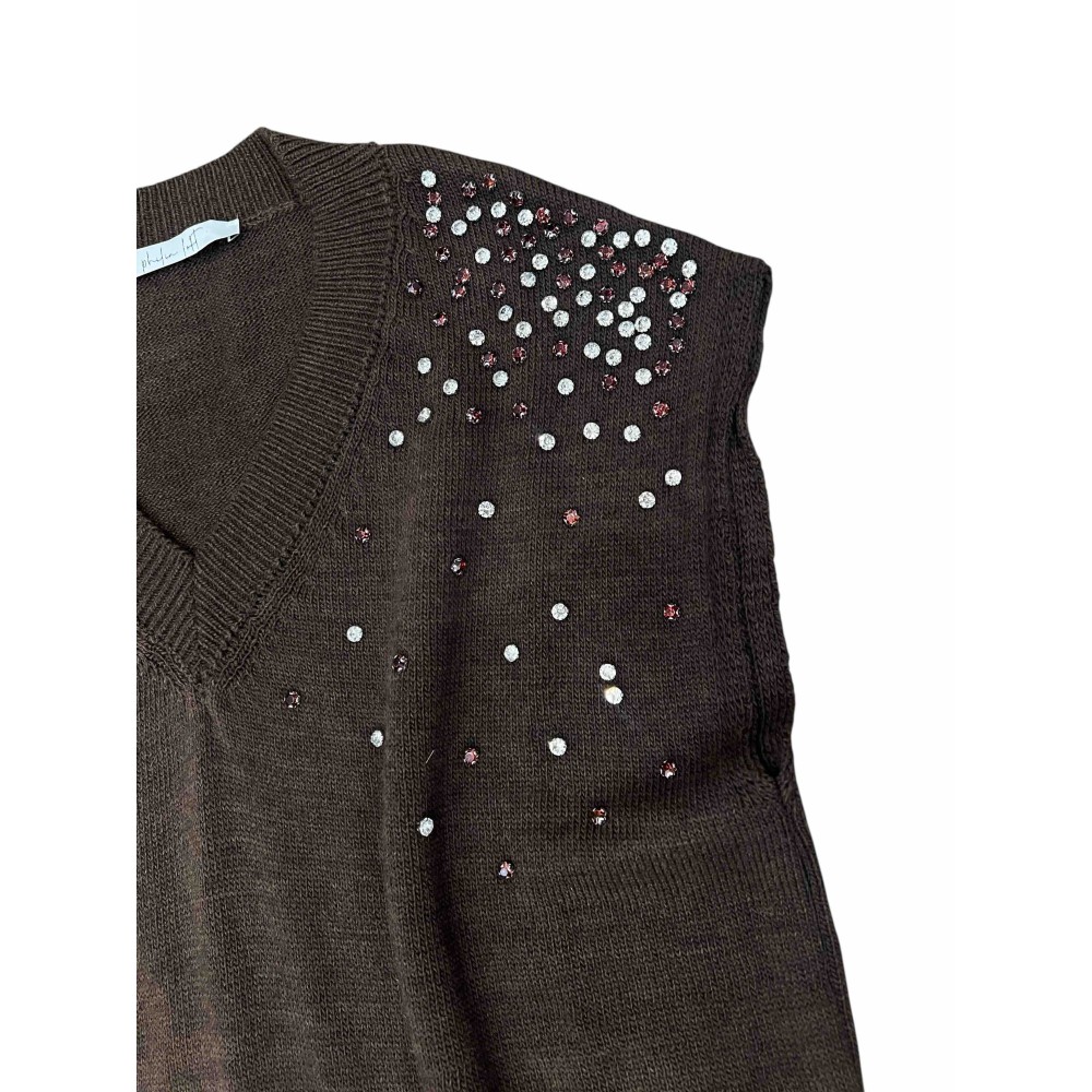 ΜΠΛΟΥΖΑ - ΚΑΖΑΚΑ ΠΛΕΧΤΗ ΣΕ ΚΑΦΕ - ΣΟΚΟΛΑ ΑΠΟΧΡΩΣΗ,OVERSIZED,  ΑΜΑΝΙΚΗ ΜΕ ΚΡΥΣΤΑΛΛΑ ”STYLISHIOUS COLLECTION”