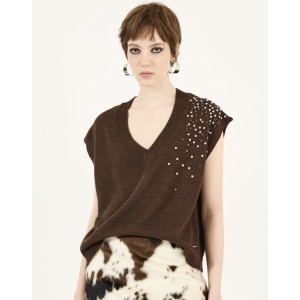 ΜΠΛΟΥΖΑ - ΚΑΖΑΚΑ ΠΛΕΧΤΗ ΣΕ ΚΑΦΕ - ΣΟΚΟΛΑ ΑΠΟΧΡΩΣΗ,OVERSIZED,  ΑΜΑΝΙΚΗ ΜΕ ΚΡΥΣΤΑΛΛΑ ”STYLISHIOUS COLLECTION”