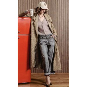 COAT LONG IN GOLDEN BROWN SHADE IN LIGHT FABRIC, WITH LOOSE FIT, DOUBLE BREASTED "STYLISHIOUS COLLECTION"