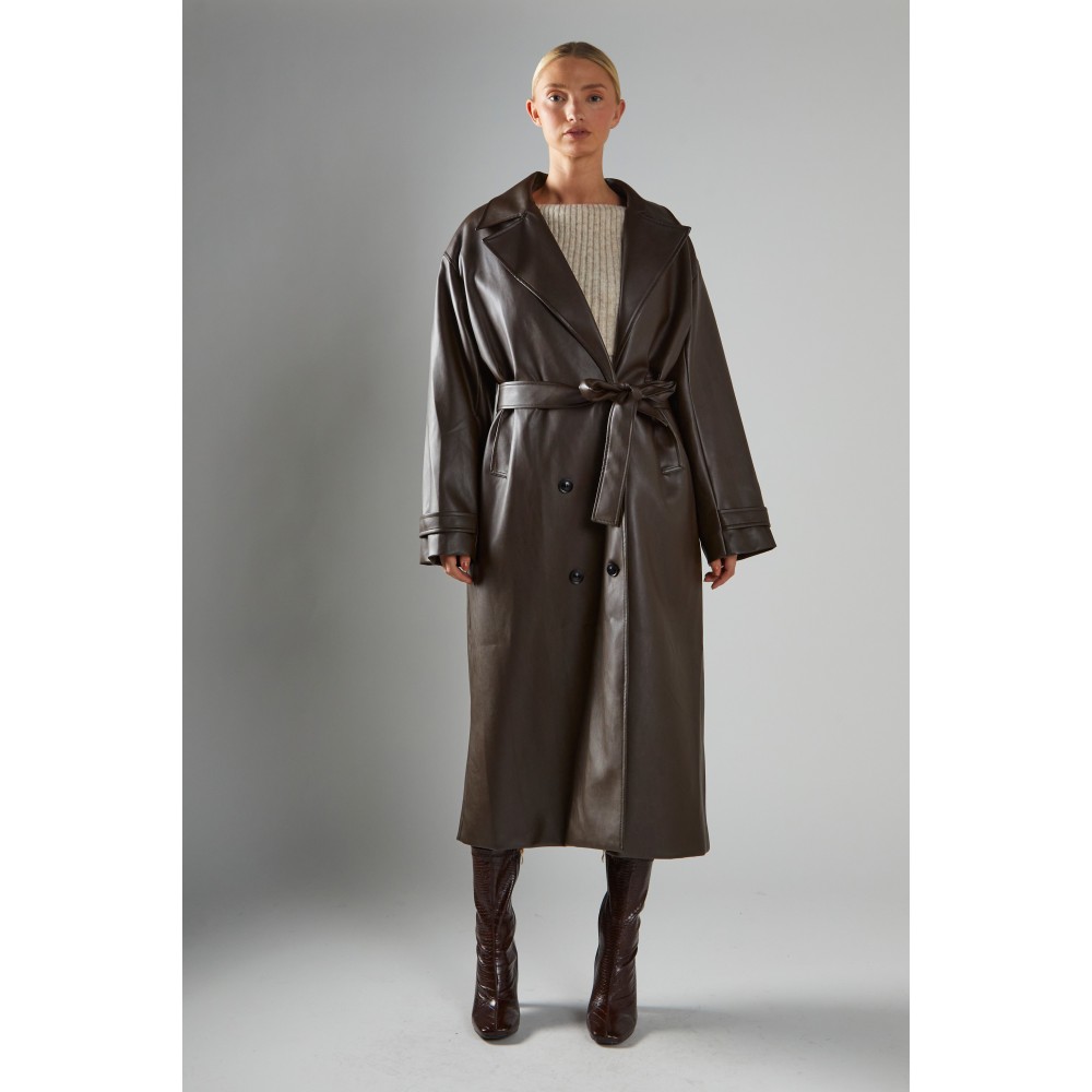 ΚΑΠΑΡΝΤΙΝΑ ΜΑΚΡΙΑ ΣΕ ΚΑΦΕ - ΣΟΚΟΛΑΤΙ ΟΙΚΟΛΟΓΙΚΟ ΔΕΡΜΑ, ΣΤΑΥΡΩΤΗ & OVERSIZED ΜΕ ΖΩΝΗ  "STYLISHIOUS COLLECTION"