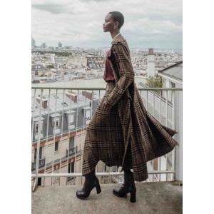 COAT LONG IN EARTHY TARTAN PRINT & LIGHT FABRIC WITH WOOL IN LOOSE FIT WITH FLOWER BROOCH "STYLISHIOUS COLLECTION"