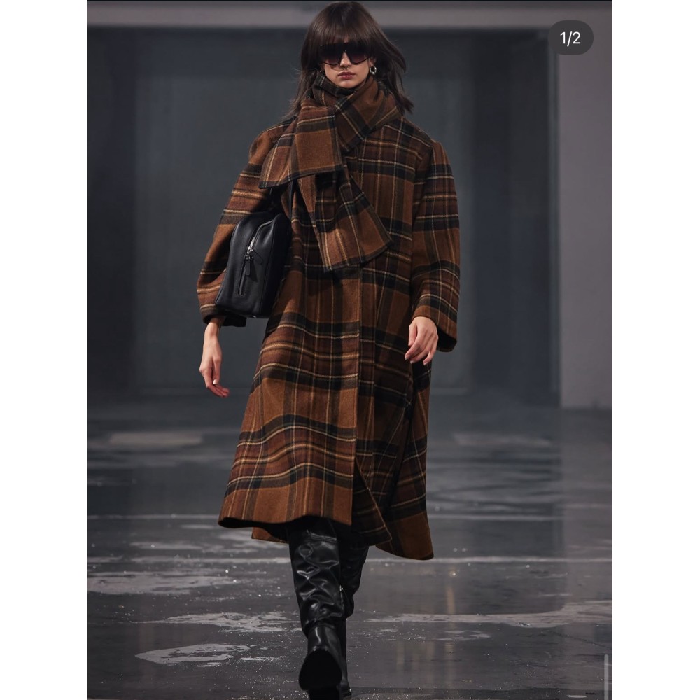 ΠΑΛΤΟ KΑΡPΩ ΣΕ ΓΗΙΝΕΣ ΑΠΟΧΡΩΣΕΙΣ ΜΕ ΕΝΣΩΜΑΤΩΜΕΝΟ ΚΑΣΚΩΛ,ΦΑΡΔΥ ΣΕ ΣΤΥΛ ΚΑΠΑ, OVERSIZED, ΜΕ ΖΩΝΗ  "STYLISHIOUS COLLECTION"