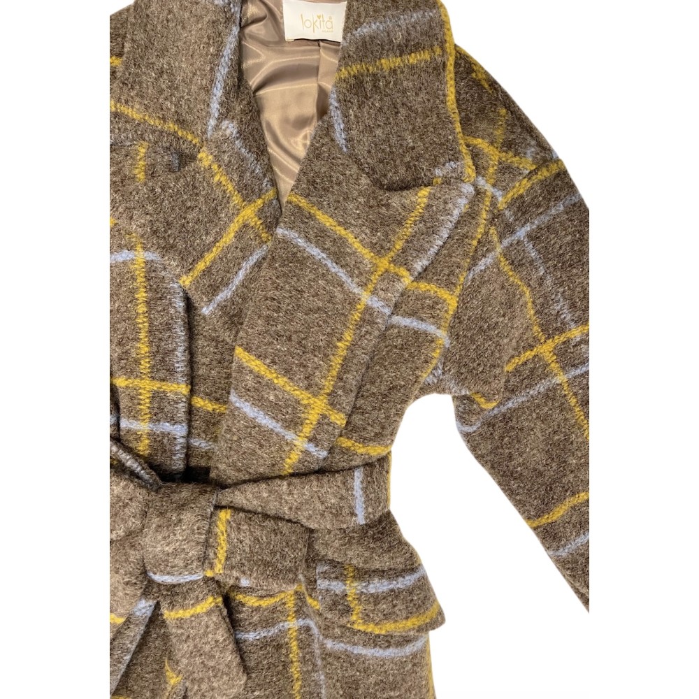 ΠΑΛΤΟ ΜΑΚΡΥ ΜΑΛΛΙΝΟ, ΣΕ ΓΚΡΙ - ΚΑΦΕ ΑΠΟΧΡΩΣΗ ΜΕ ΚΑΡΟ ΜΟΤΙΒΟ, OVERSIZED ΜΕ ΑΣΟΡΤΙ ΖΩΝΗ & ΤΣΕΠΕΣ " STYLISHIOYS COLLECTION "