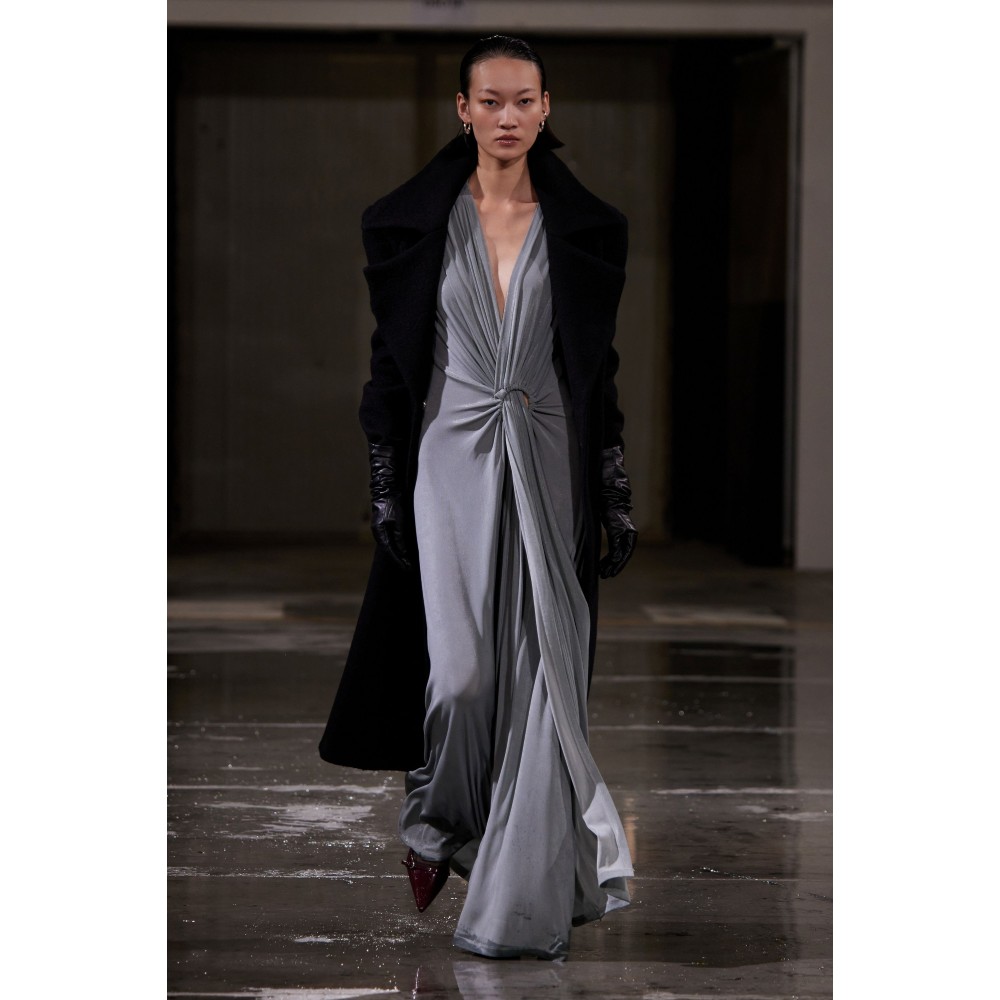 ΦΟΡΕΜΑ ΜΑΚΡΥ ΣΕ ΠΑΓΩΜΕΝΟ ΓΚΡΙ, ΝΤΡΑΠΕ ΜΕ ΕΝΣΩΜΑΤΩΜΕΝΟ ΚΡΙΚΟ "STYLISHIOUS COLLECTION "