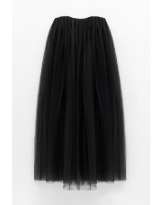 ΦΟΡΕΜΑ ΜΙΝΙ ΜΑΥΡΟ ΣΑΤΕΝ, STRAPLESS ΜΕ ΕΞΩΤΕΡΙΚΗ ΕΠΕΝΔΥΣΗ ΑΠΟ ΜΑΚΡΥ ΜΑΥΡΟ ΤΟΥΛΙ  " STYLISHIOUS COLLECTION "