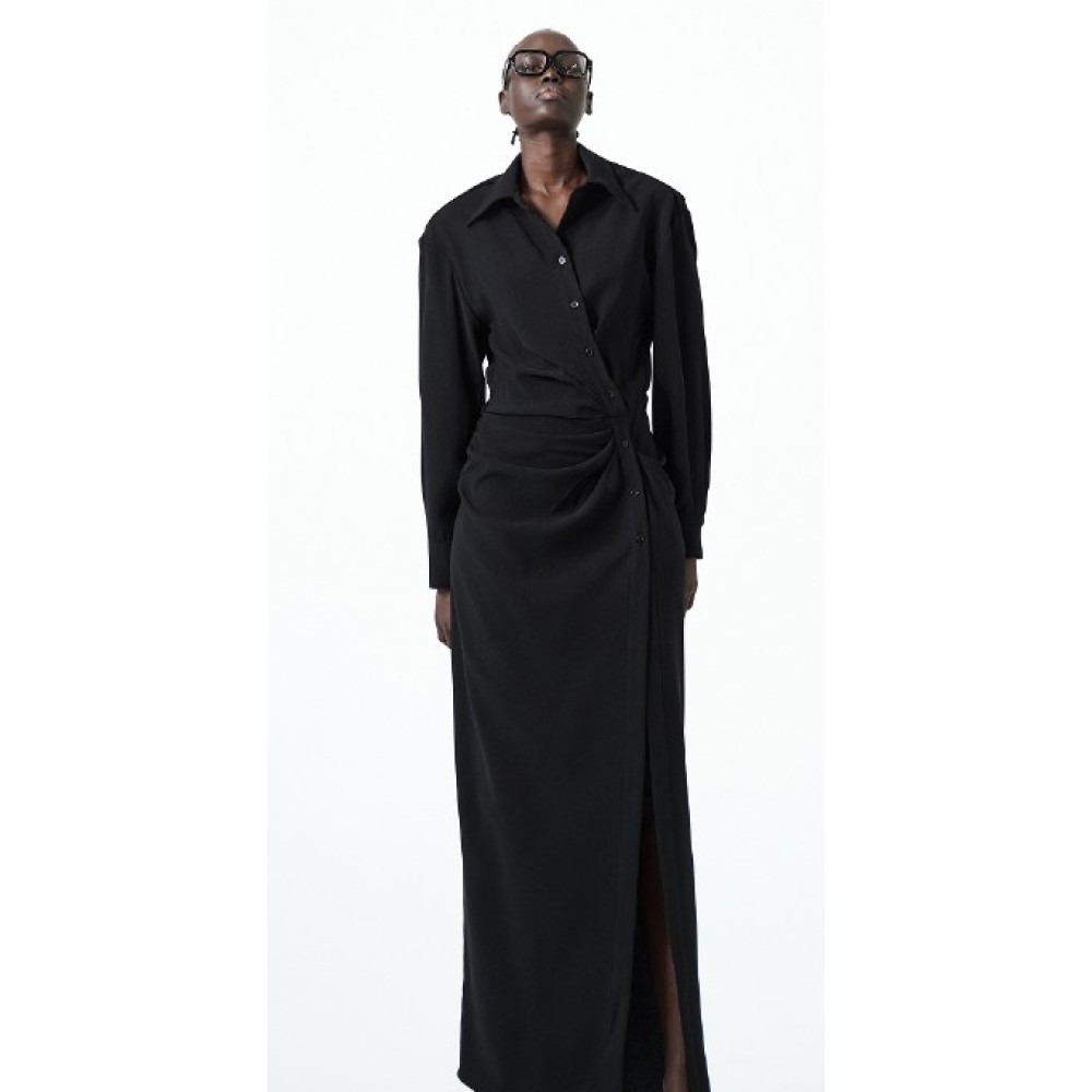 ΦΟΡΕΜΑ -ΣΕΜΙΖΙΕ- ΜΑΚΡΥ, ΜΑΥΡΟ ΣΕ ΓΡΑΜΜΗ ΠΟΥ ΑΓΚΑΛΙΑΖΕΙ ΤΟ ΣΩΜΑ ΜΕ ΚΟΥΜΠΙΑ ΔΙΑΓΩΝΙΑ ΕΜΠΡΟΣ ΚΑΙ ΣΟΥΡΕΣ "STYLISHIOUS COLLECTION"