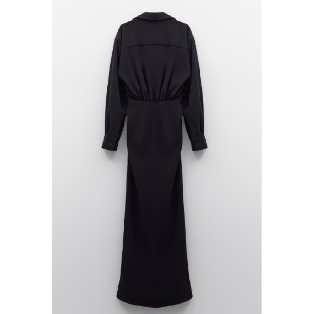 ΦΟΡΕΜΑ -ΣΕΜΙΖΙΕ- ΜΑΚΡΥ, ΜΑΥΡΟ ΣΕ ΓΡΑΜΜΗ ΠΟΥ ΑΓΚΑΛΙΑΖΕΙ ΤΟ ΣΩΜΑ ΜΕ ΚΟΥΜΠΙΑ ΔΙΑΓΩΝΙΑ ΕΜΠΡΟΣ ΚΑΙ ΣΟΥΡΕΣ "STYLISHIOUS COLLECTION"