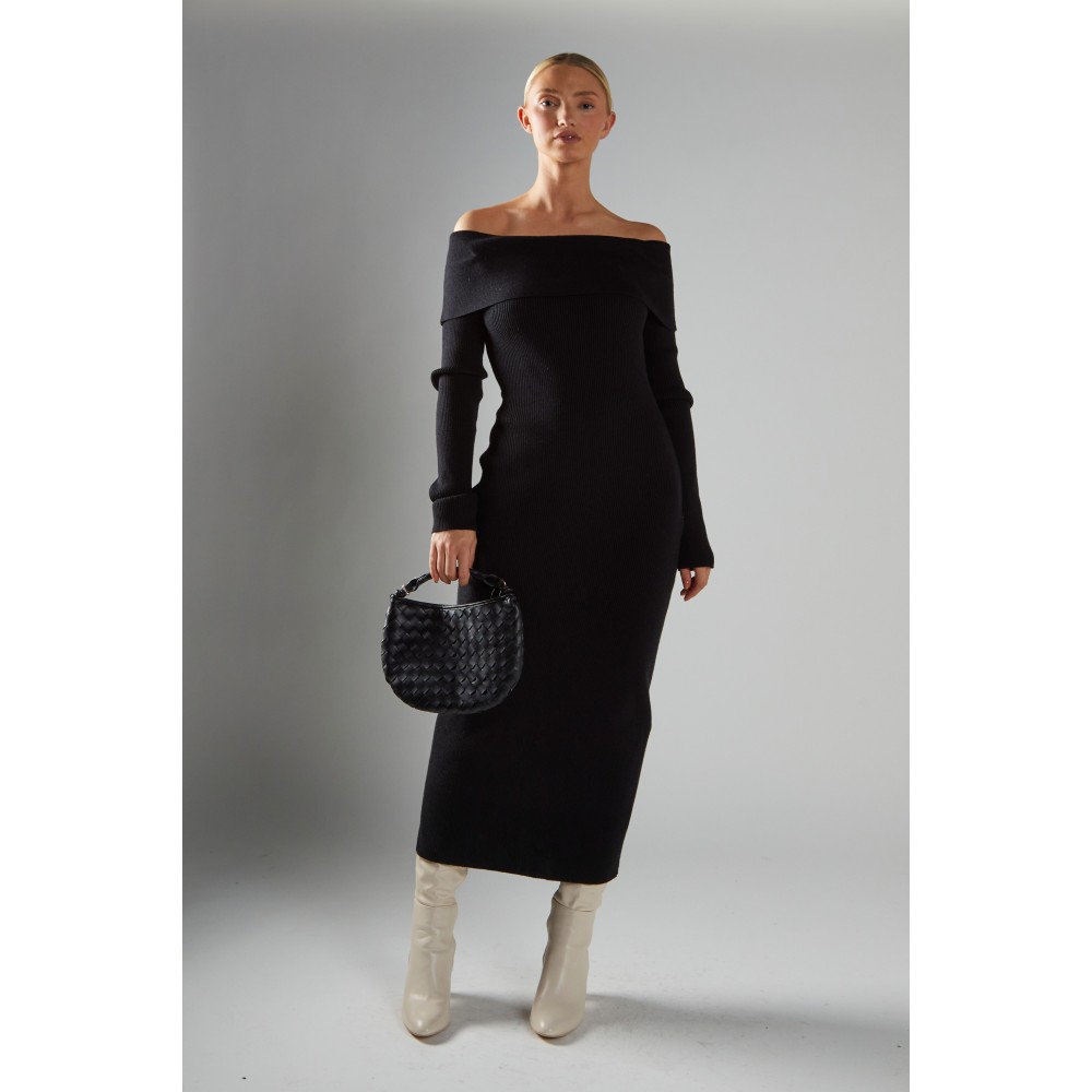 ΦΟΡΕΜΑ ΜΑΚΡΥ-ΜΙΝΤΙ ΜΑΥΡΟ, ΕΞΩΜΟ ΑΠΟ ΑΠΑΛΟ ΠΛΕΧΤΟ ΜΕ ΥΦΑΝΣΗ ΡΙΜΠ  ”STYLISHIOUS COLLECTION”