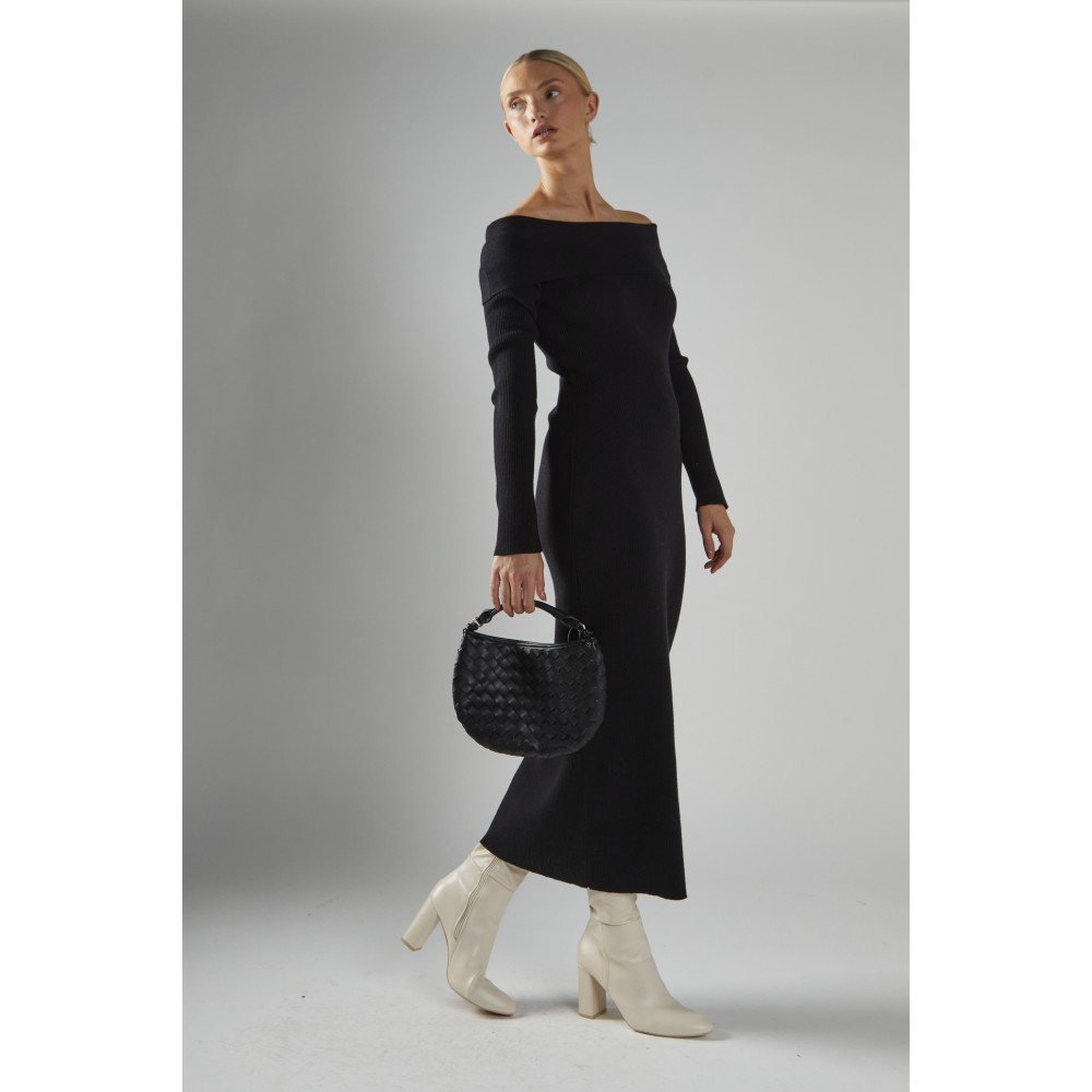 ΦΟΡΕΜΑ ΜΑΚΡΥ-ΜΙΝΤΙ ΜΑΥΡΟ, ΕΞΩΜΟ ΑΠΟ ΑΠΑΛΟ ΠΛΕΧΤΟ ΜΕ ΥΦΑΝΣΗ ΡΙΜΠ  ”STYLISHIOUS COLLECTION”