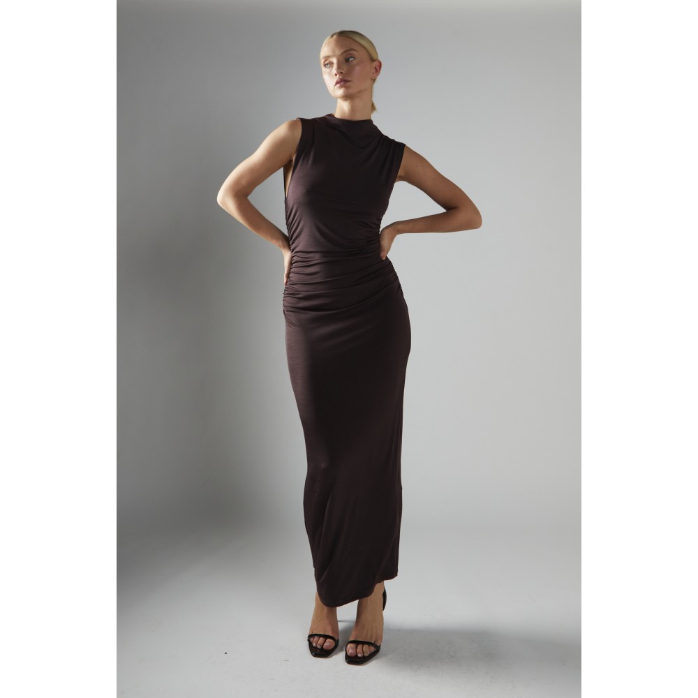 ΦΟΡΕΜΑ ΚΑΦΕ - ΣΟΚΟΛΑΤΙ, ΑΜΑΝΙΚΟ & ΜΑΚΡΥ, ΕΛΑΣΤΙΚΟ ΜΕ ΣΟΥΡΕΣ ΣΤΟ ΠΛΑΙ ΚΑΙ ΠΙΣΩ  "STYLISHIOUS COLLECTION''