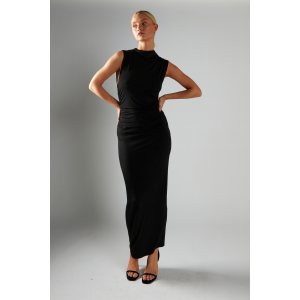 ΦΟΡΕΜΑ ΜΑΥΡΟ, ΜΑΚΡΥ, ΕΛΑΣΤΙΚΟ ΜΕ ΣΟΥΡΕΣ ΣΤΟ ΠΛΑΙ ΚΑΙ ΠΙΣΩ, ΑΜΑΝΙΚΟ "STYLISHIOUS COLLECTION''