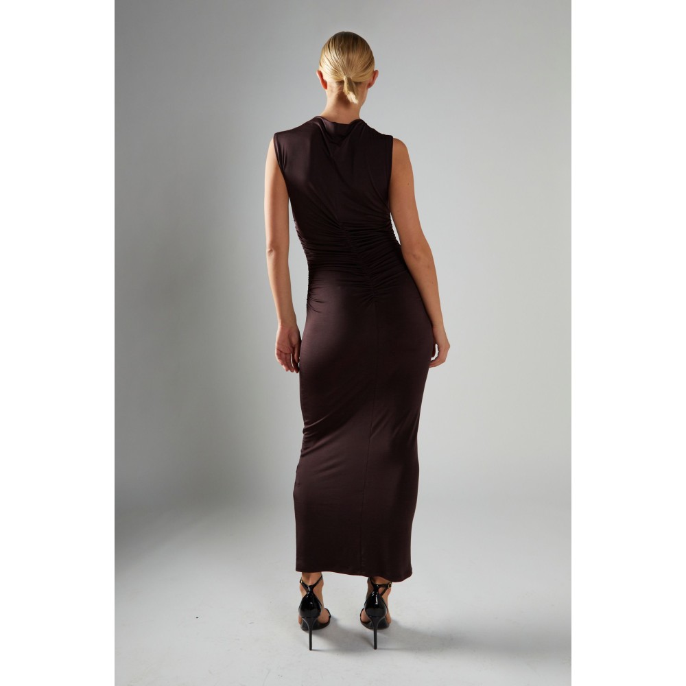 ΦΟΡΕΜΑ ΚΑΦΕ - ΣΟΚΟΛΑΤΙ, ΑΜΑΝΙΚΟ & ΜΑΚΡΥ, ΕΛΑΣΤΙΚΟ ΜΕ ΣΟΥΡΕΣ ΣΤΟ ΠΛΑΙ ΚΑΙ ΠΙΣΩ  "STYLISHIOUS COLLECTION''