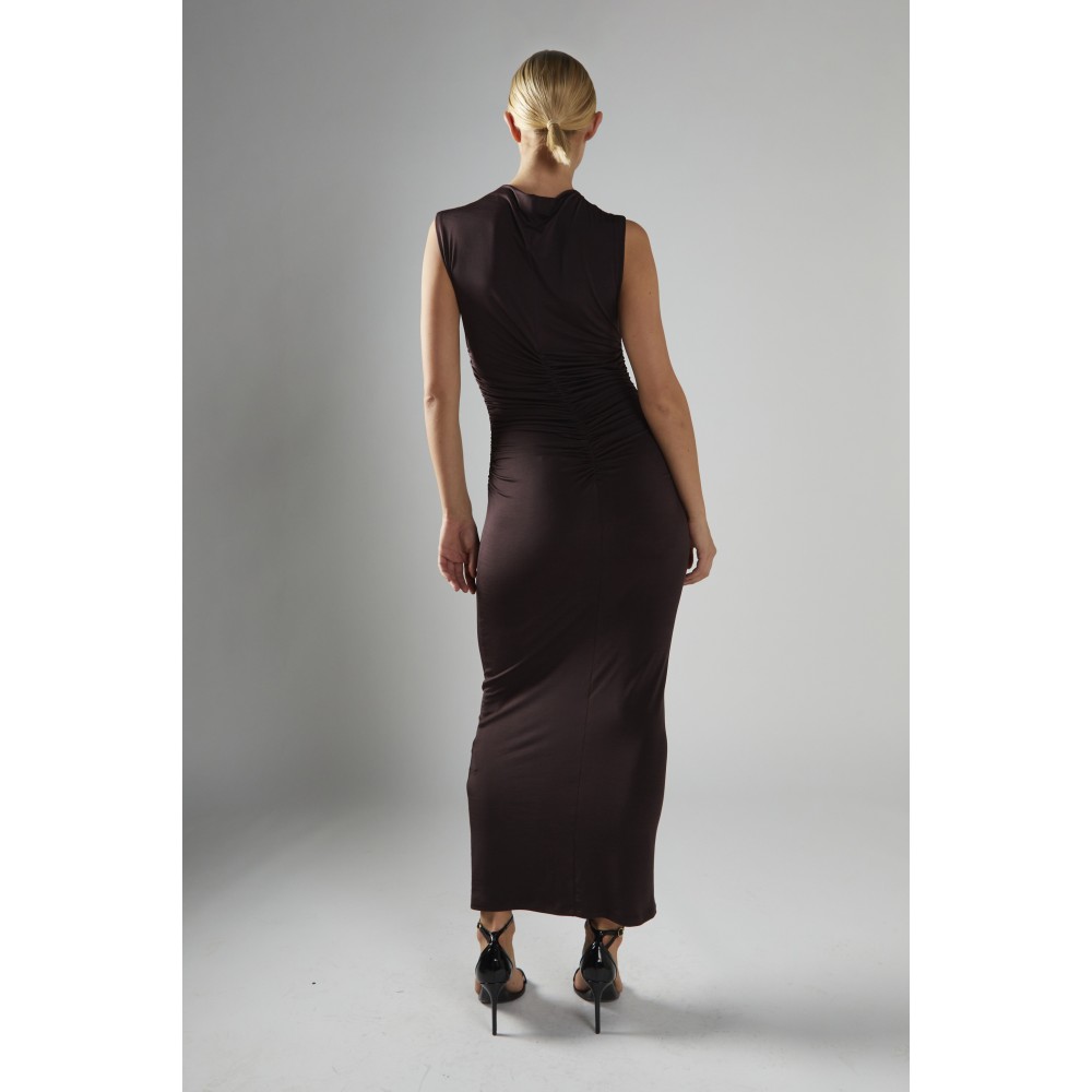 ΦΟΡΕΜΑ ΚΑΦΕ - ΣΟΚΟΛΑΤΙ, ΑΜΑΝΙΚΟ & ΜΑΚΡΥ, ΕΛΑΣΤΙΚΟ ΜΕ ΣΟΥΡΕΣ ΣΤΟ ΠΛΑΙ ΚΑΙ ΠΙΣΩ  "STYLISHIOUS COLLECTION''