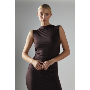 DRESS IN CHOCOLATE BROWN, SLEEVELESS & LONG IN STRETCH BODY-CON FABRIC, DRAPPED ON THE SIDES & BACK "STYLISHIOUS COLLECTION"